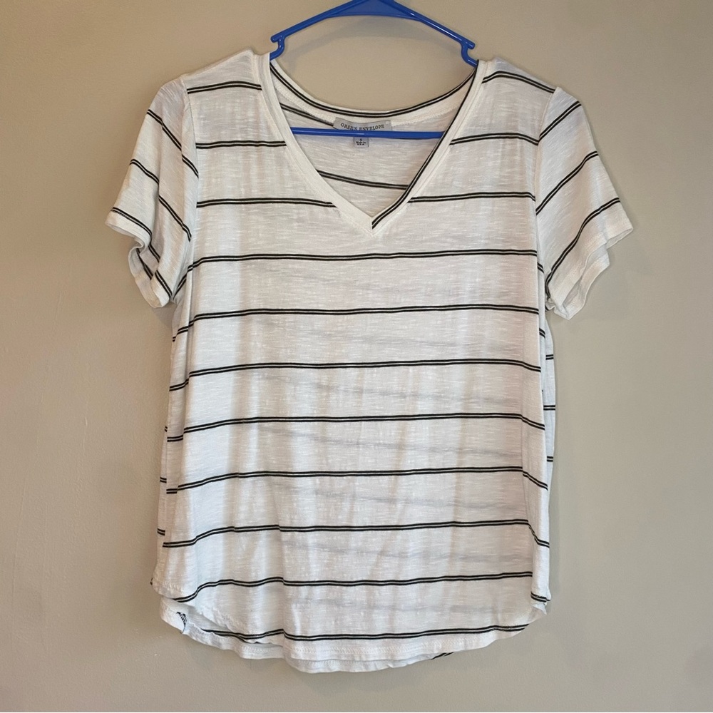 Green Envelope Black and White Striped V-Neck Tee Small